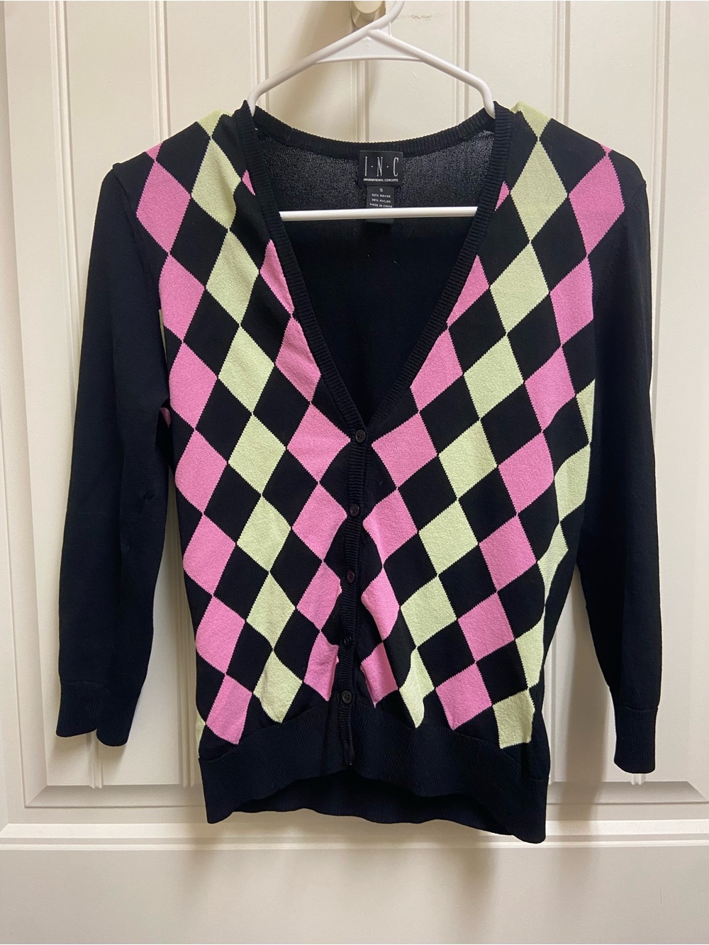 INC International Concepts y2k Black Pink and Green Argyle V-Neck Cardigan